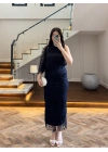 LACİVERT TEK OMUZ DESENLİ SİMLİ ELBİSE -4033
