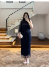 LACİVERT TEK OMUZ DESENLİ SİMLİ ELBİSE -4033