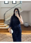 LACİVERT TEK OMUZ DESENLİ SİMLİ ELBİSE -4033