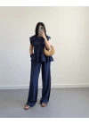 LACİVERT TENSEL LAYERLİ BLUZ TAKIM