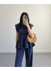 LACİVERT TENSEL LAYERLİ BLUZ TAKIM