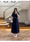 (ÖN SİPARİŞ )LACİVERT TOKA DETAY BEL BAĞLAMALI ELBİSE- 4021