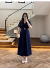 (ÖN SİPARİŞ )LACİVERT TOKA DETAY BEL BAĞLAMALI ELBİSE- 4021