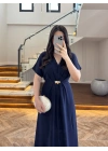 (ÖN SİPARİŞ )LACİVERT TOKA DETAY BEL BAĞLAMALI ELBİSE- 4021