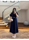 (ÖN SİPARİŞ )LACİVERT TOKA DETAY BEL BAĞLAMALI ELBİSE- 4021