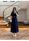 (ÖN SİPARİŞ )LACİVERT TOKA DETAY BEL BAĞLAMALI ELBİSE- 4021