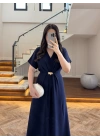 (ÖN SİPARİŞ )LACİVERT TOKA DETAY BEL BAĞLAMALI ELBİSE- 4021