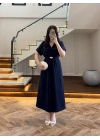 (ÖN SİPARİŞ )LACİVERT TOKA DETAY BEL BAĞLAMALI ELBİSE- 4021