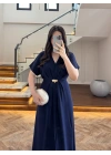 (ÖN SİPARİŞ )LACİVERT TOKA DETAY BEL BAĞLAMALI ELBİSE- 4021