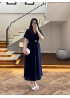 (ÖN SİPARİŞ )LACİVERT TOKA DETAY BEL BAĞLAMALI ELBİSE- 4021