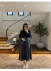 (ÖN SİPARİŞ )LACİVERT UZUN KOL EKOSE DETAY ELBİSE-4196
