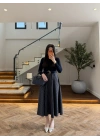 (ÖN SİPARİŞ )LACİVERT UZUN KOL EKOSE DETAY ELBİSE-4196