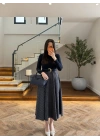 (ÖN SİPARİŞ )LACİVERT UZUN KOL EKOSE DETAY ELBİSE-4196