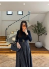 (ÖN SİPARİŞ )LACİVERT UZUN KOL EKOSE DETAY ELBİSE-4196