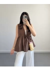 LUNA V YAKA MÜSLİN BLUZ KAHVE