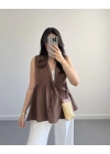 LUNA V YAKA MÜSLİN BLUZ KAHVE