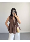 LUNA V YAKA MÜSLİN BLUZ KAHVE