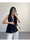 LUNA V YAKA MÜSLİN BLUZ LACİVERT