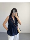 LUNA V YAKA MÜSLİN BLUZ LACİVERT