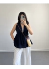 LUNA V YAKA MÜSLİN BLUZ LACİVERT
