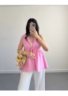 LUNA V YAKA MÜSLİN BLUZ PEMBE