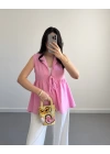 LUNA V YAKA MÜSLİN BLUZ PEMBE