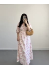 MERİ MÜSLİN ÇİÇEKLİ ELBİSE PEMBE