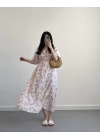 MERİ MÜSLİN ÇİÇEKLİ ELBİSE PEMBE