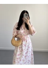 MERİ MÜSLİN ÇİÇEKLİ ELBİSE PEMBE