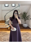 ( ÖN SİPARİŞ )MÜRDÜM ÇİÇEK DESEN ELBİSE -3246
