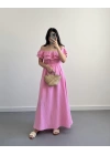MÜSLİN MADONNA YAKA ELBİSE PEMBE