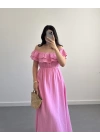 MÜSLİN MADONNA YAKA ELBİSE PEMBE