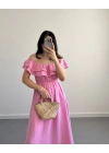 MÜSLİN MADONNA YAKA ELBİSE PEMBE