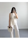 NATURAL ASİMETRİK KUŞAKLI BLUZ PANTOLON TAKIM