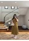 OLİVE DÜĞMELİ TOKA DETAY ELBİSE -3925