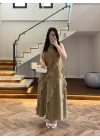 OLİVE FIRFIRLI UZUN ELBİSE-3450