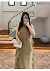 OLİVE FIRFIRLI UZUN ELBİSE-3450