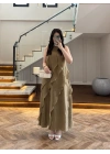 OLİVE FIRFIRLI UZUN ELBİSE-3450