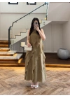 OLİVE FIRFIRLI UZUN ELBİSE-3450