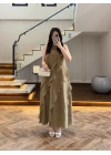 OLİVE FIRFIRLI UZUN ELBİSE-3450