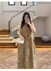 OLİVE FIRFIRLI UZUN ELBİSE-3450