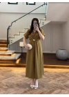 (ÖN SİPARİŞ )OLİVE TOKA DETAY BEL BAĞLAMALI ELBİSE- 4021