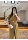 (ÖN SİPARİŞ )OLİVE TOKA DETAY BEL BAĞLAMALI ELBİSE- 4021