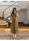 (ÖN SİPARİŞ )OLİVE TOKA DETAY BEL BAĞLAMALI ELBİSE- 4021