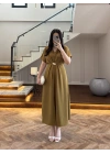 (ÖN SİPARİŞ )OLİVE TOKA DETAY BEL BAĞLAMALI ELBİSE- 4021