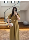 (ÖN SİPARİŞ )OLİVE TOKA DETAY BEL BAĞLAMALI ELBİSE- 4021