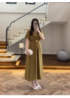 (ÖN SİPARİŞ )OLİVE TOKA DETAY BEL BAĞLAMALI ELBİSE- 4021