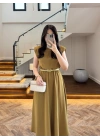OLİVE VATKALI KEMERLİ ELBİSE -4066
