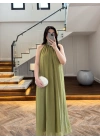 OLİVE YAKA BAĞCIKLI ELBİSE -4074