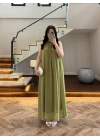 OLİVE YAKA BAĞCIKLI ELBİSE -4074